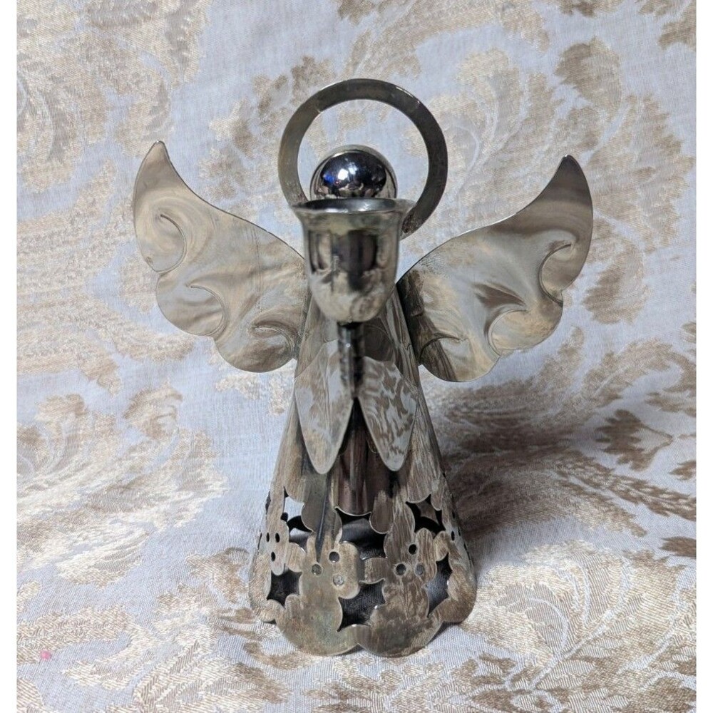 Christmas Angel Candle Holder Metal Silver Tone Holly Holiday Decoration 6.5"